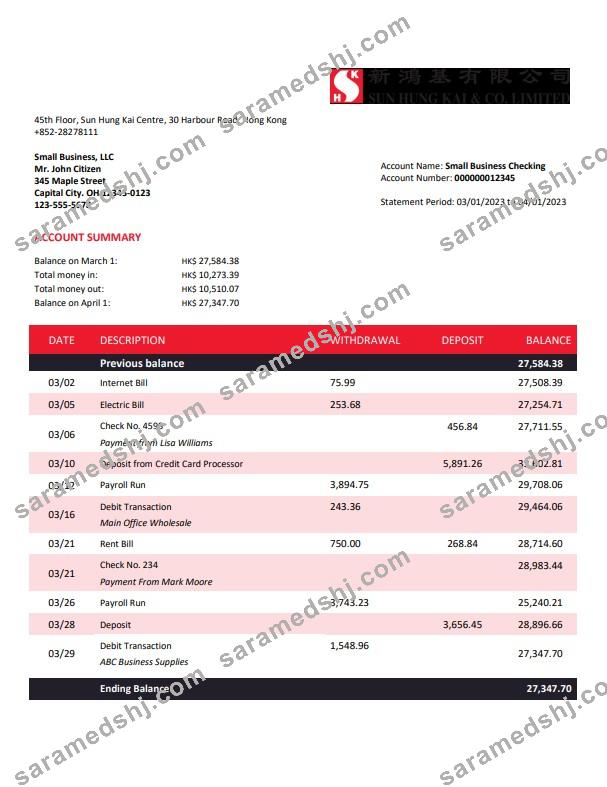 Sung Hung Kai Bank company account statement Word and PDF template
